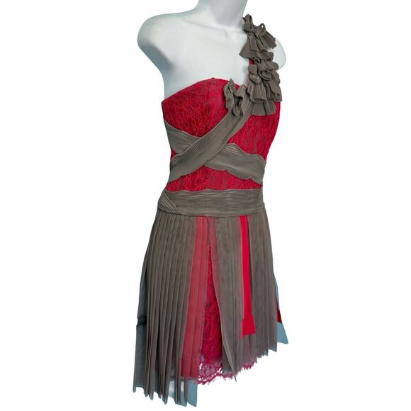 BCBGMAXAZRIA Runway Pink Lace Gray Mesh Ribbon Floral One Shoulder Dress Size 0 - Picture 11 of 12